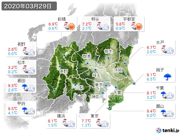 関東・甲信地方(2020年03月29日の天気