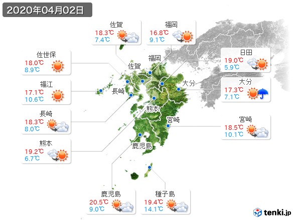 九州地方(2020年04月02日の天気