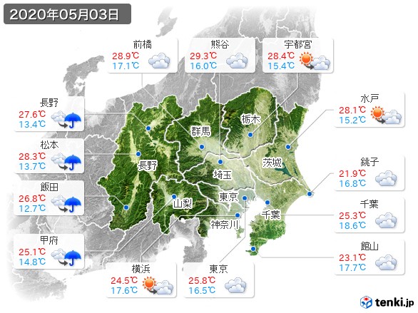 関東・甲信地方(2020年05月03日の天気