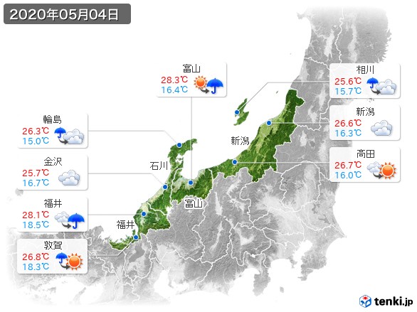 北陸地方(2020年05月04日の天気