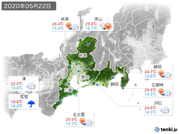 東海地方(2020年05月22日の天気