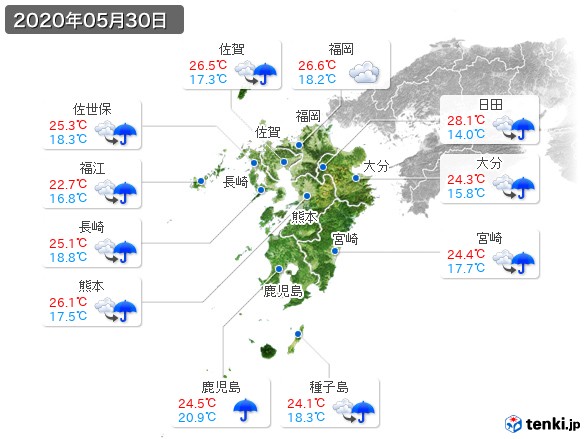 九州地方(2020年05月30日の天気
