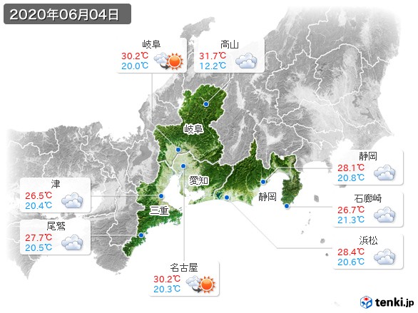 東海地方(2020年06月04日の天気