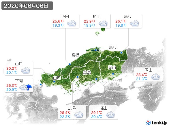 中国地方(2020年06月06日の天気