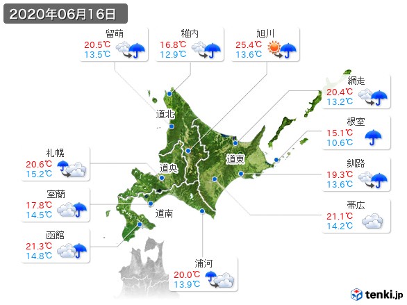 北海道地方(2020年06月16日の天気