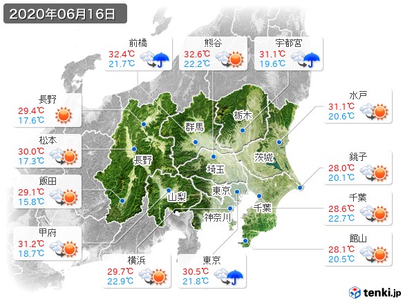 関東・甲信地方(2020年06月16日の天気