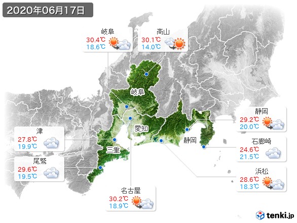 東海地方(2020年06月17日の天気