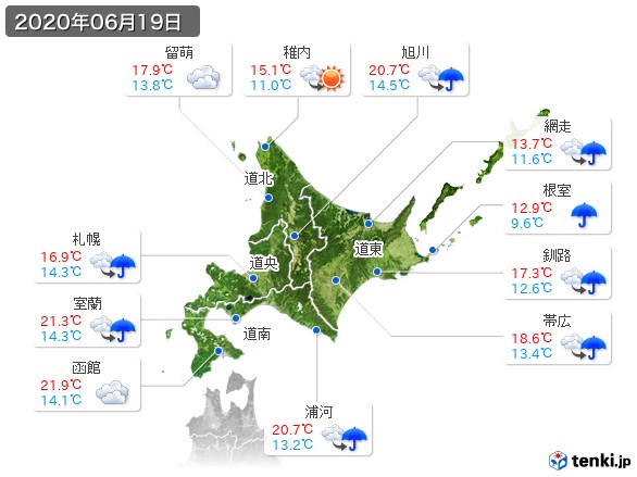 北海道地方(2020年06月19日の天気