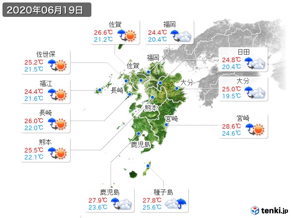 九州地方(2020年06月19日の天気