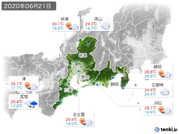 東海地方(2020年06月21日の天気