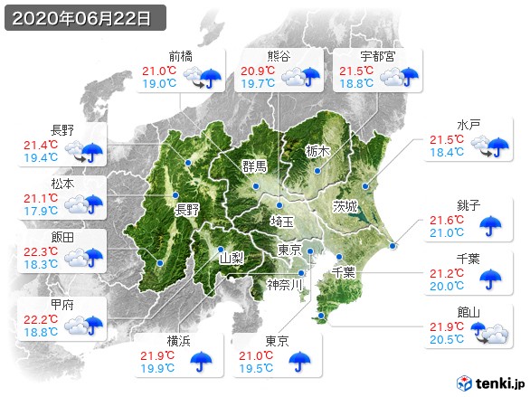 関東・甲信地方(2020年06月22日の天気