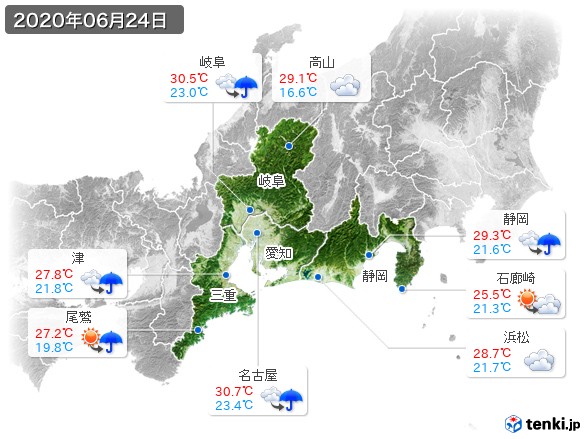 東海地方(2020年06月24日の天気