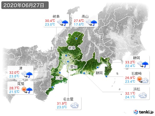 東海地方(2020年06月27日の天気