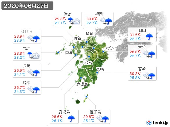 九州地方(2020年06月27日の天気