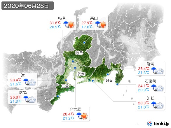 東海地方(2020年06月28日の天気