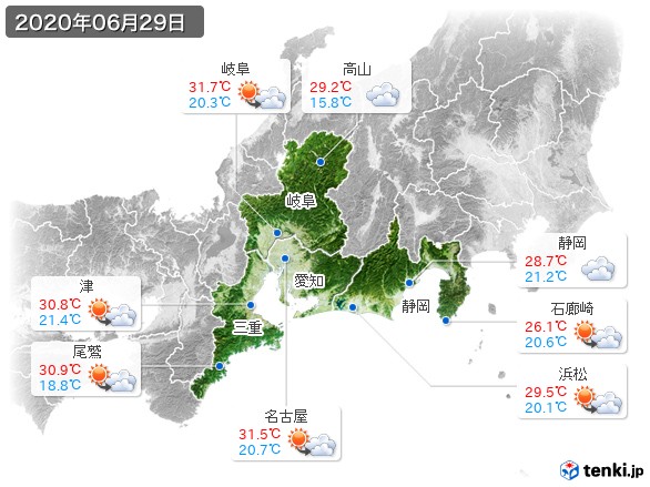 東海地方(2020年06月29日の天気