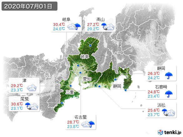 東海地方(2020年07月01日の天気