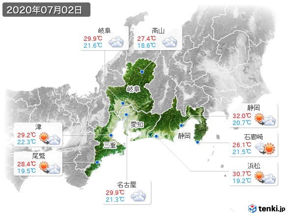 東海地方(2020年07月02日の天気