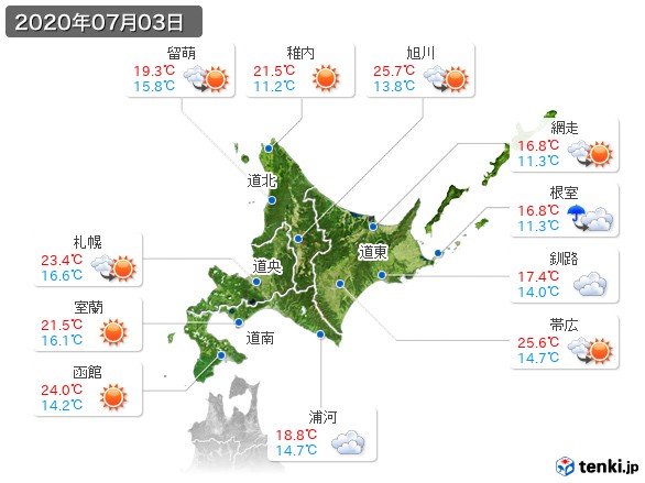 北海道地方(2020年07月03日の天気