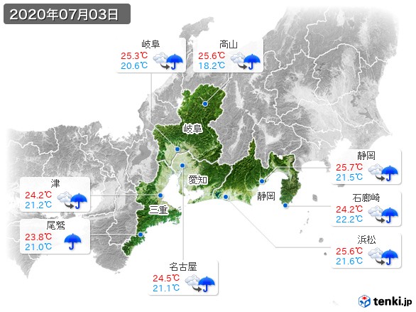 東海地方(2020年07月03日の天気