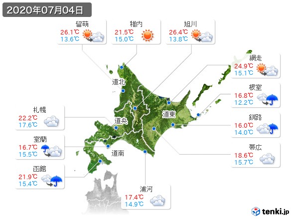 北海道地方(2020年07月04日の天気