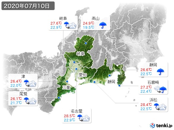 東海地方(2020年07月10日の天気