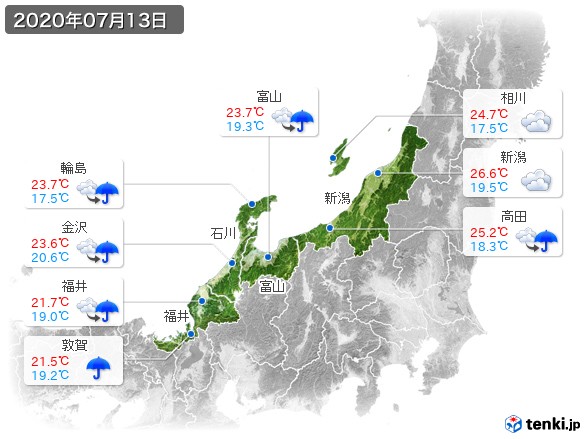 北陸地方(2020年07月13日の天気