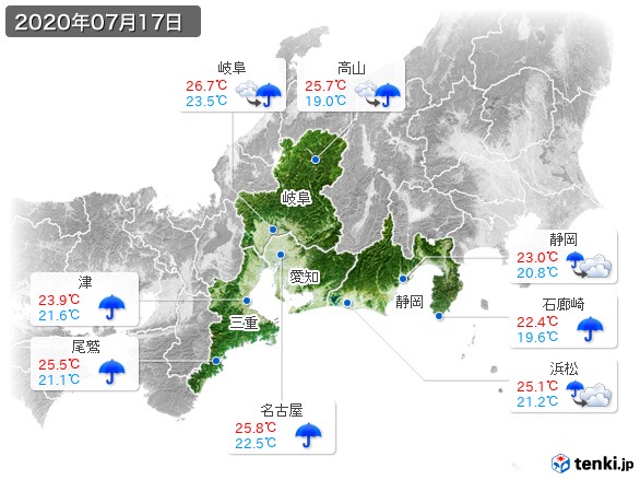 東海地方(2020年07月17日の天気