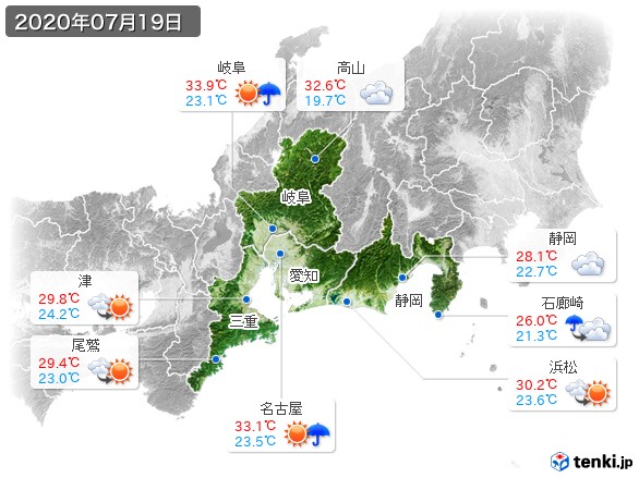 東海地方(2020年07月19日の天気