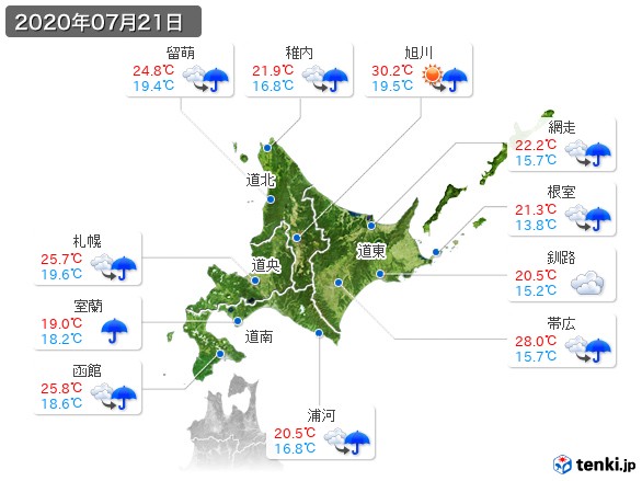 北海道地方(2020年07月21日の天気