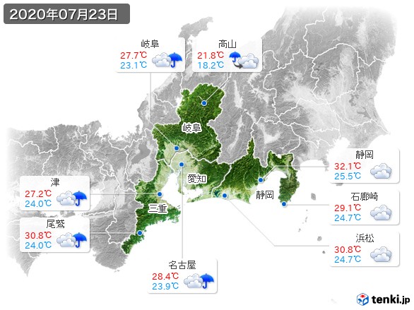 東海地方(2020年07月23日の天気