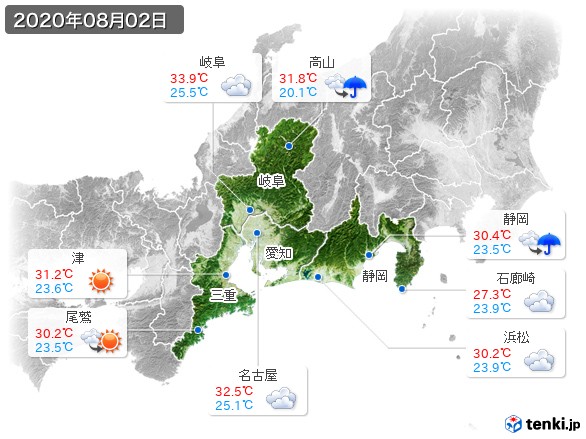 東海地方(2020年08月02日の天気