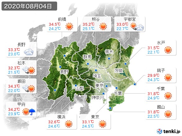 関東・甲信地方(2020年08月04日の天気
