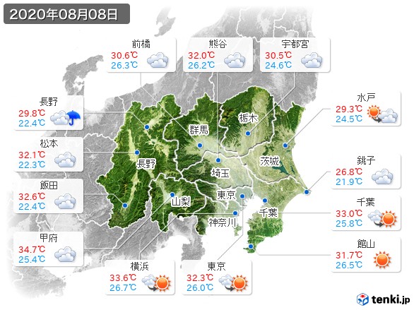 関東・甲信地方(2020年08月08日の天気