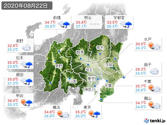 関東・甲信地方(2020年08月22日の天気