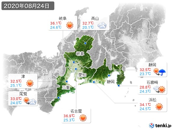 東海地方(2020年08月24日の天気