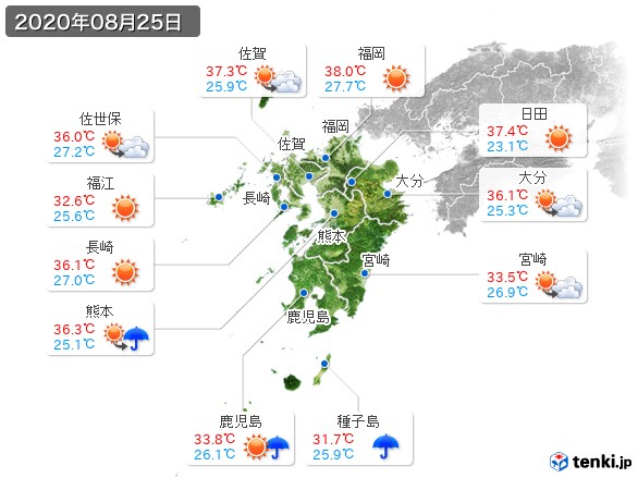 九州地方(2020年08月25日の天気