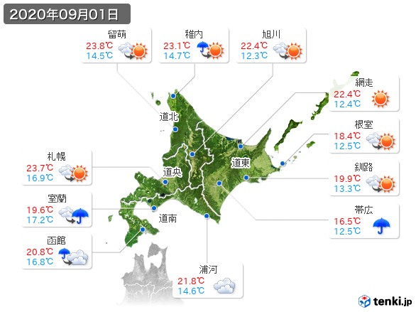 北海道地方(2020年09月01日の天気
