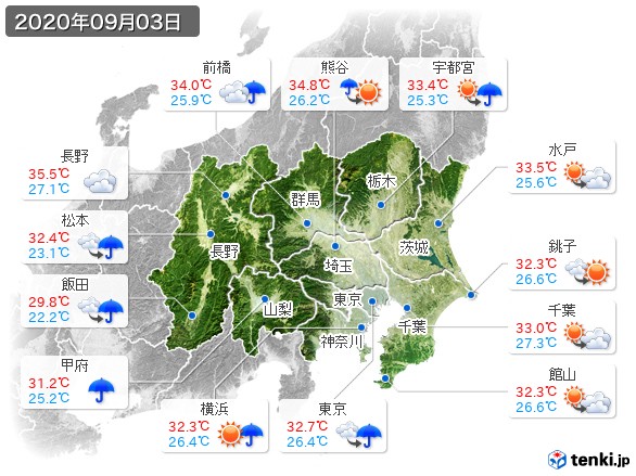 関東・甲信地方(2020年09月03日の天気