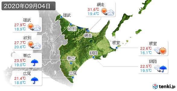 道東(2020年09月04日の天気