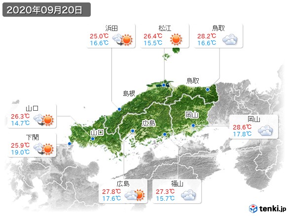 中国地方(2020年09月20日の天気