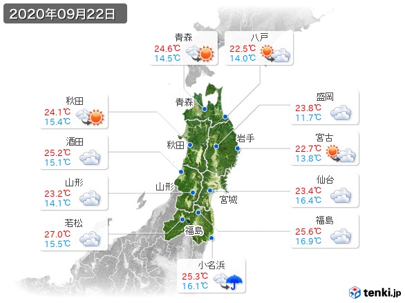東北地方(2020年09月22日の天気