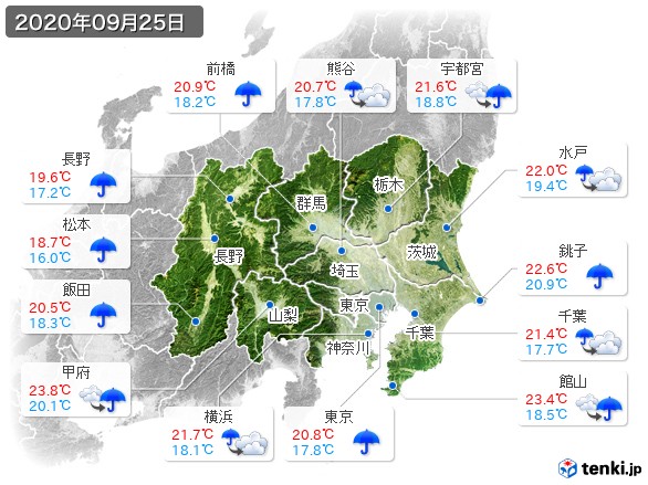 関東・甲信地方(2020年09月25日の天気