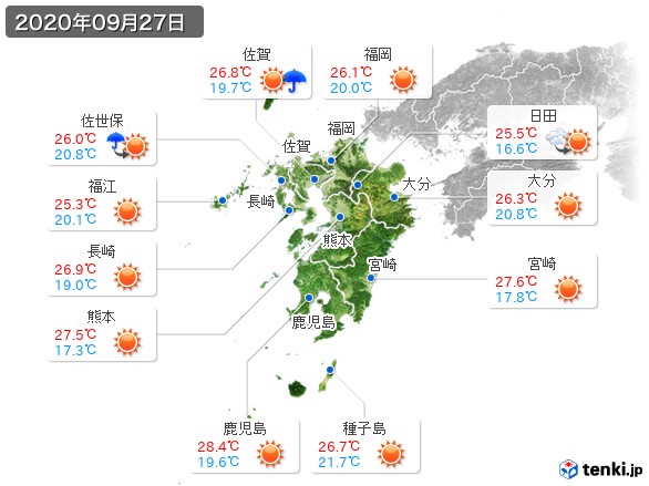 九州地方(2020年09月27日の天気