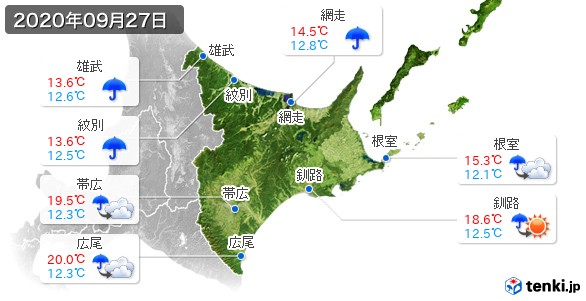 道東(2020年09月27日の天気
