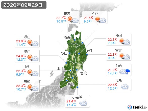 東北地方(2020年09月29日の天気