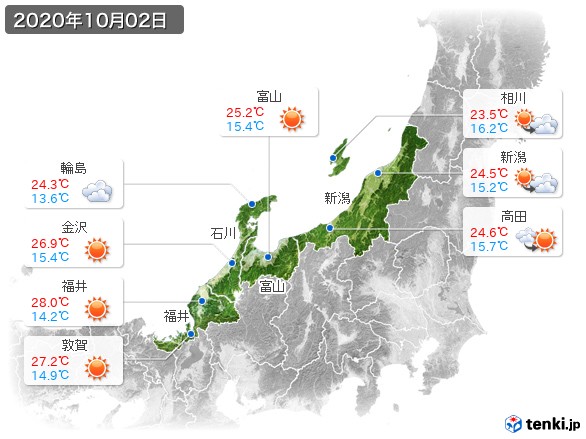 北陸地方(2020年10月02日の天気