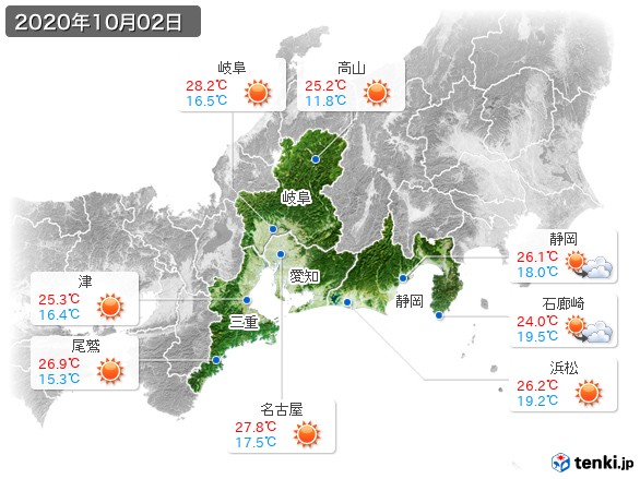 東海地方(2020年10月02日の天気