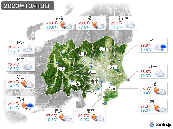関東・甲信地方(2020年10月13日の天気