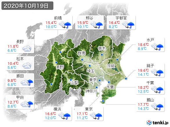 関東・甲信地方(2020年10月19日の天気
